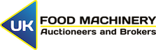 Logo with a blue and yellow triangular shape containing the letters "UK," followed by the text "FOOD MACHINERY" in black and "Auctioneers and Brokers" in yellow below it.