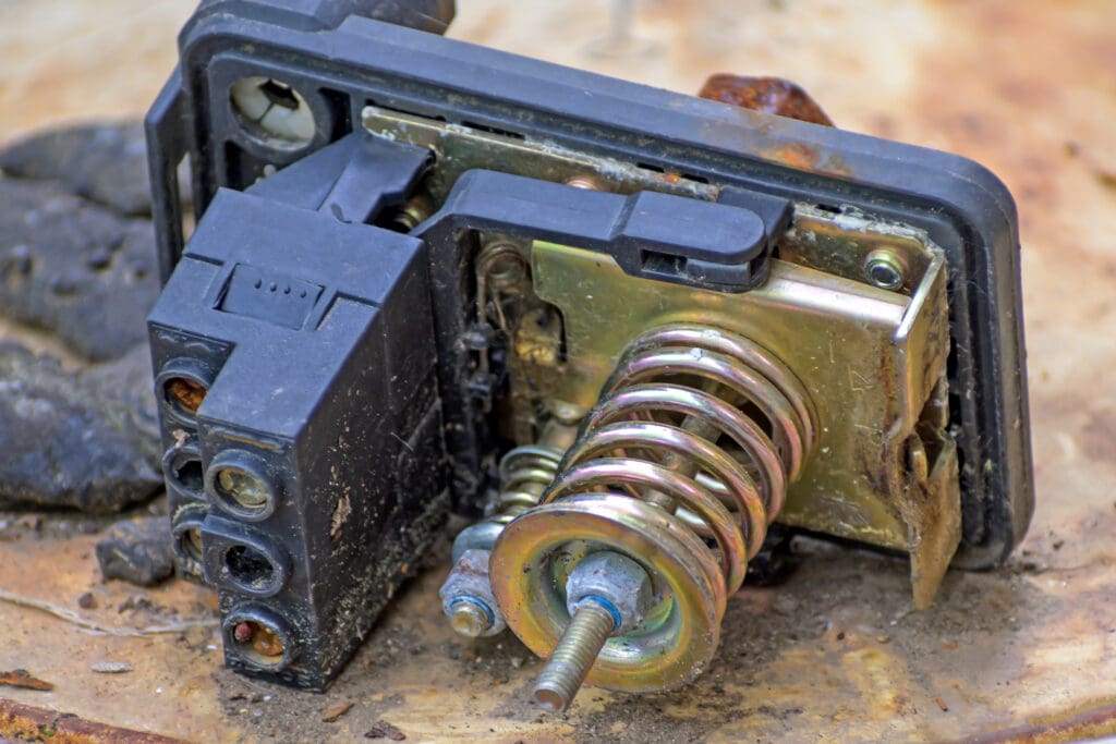 A close-up of a damaged and dirty electrical component with exposed metal springs, screws, and connectors resting on a wooden surface.